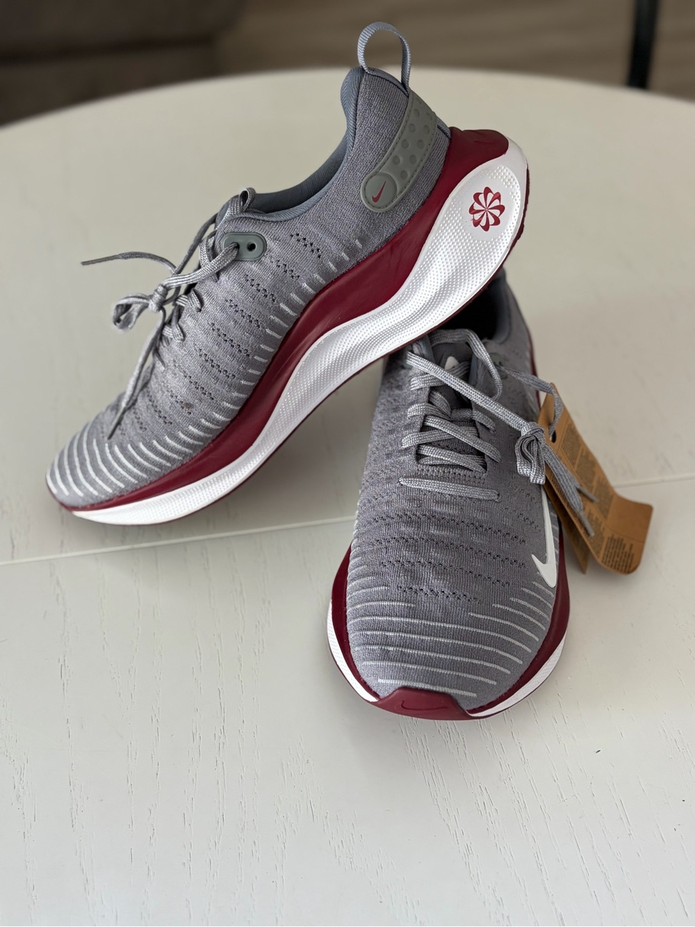 Nike Gray and Burgundy Knit Running Shoes- men’s 10.5/womens 12